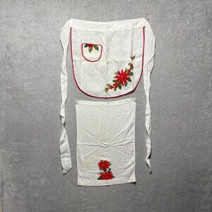 Vintage Hand Embroidered Holiday Apron Towel Set Red Poinsettia Pocket *READ*